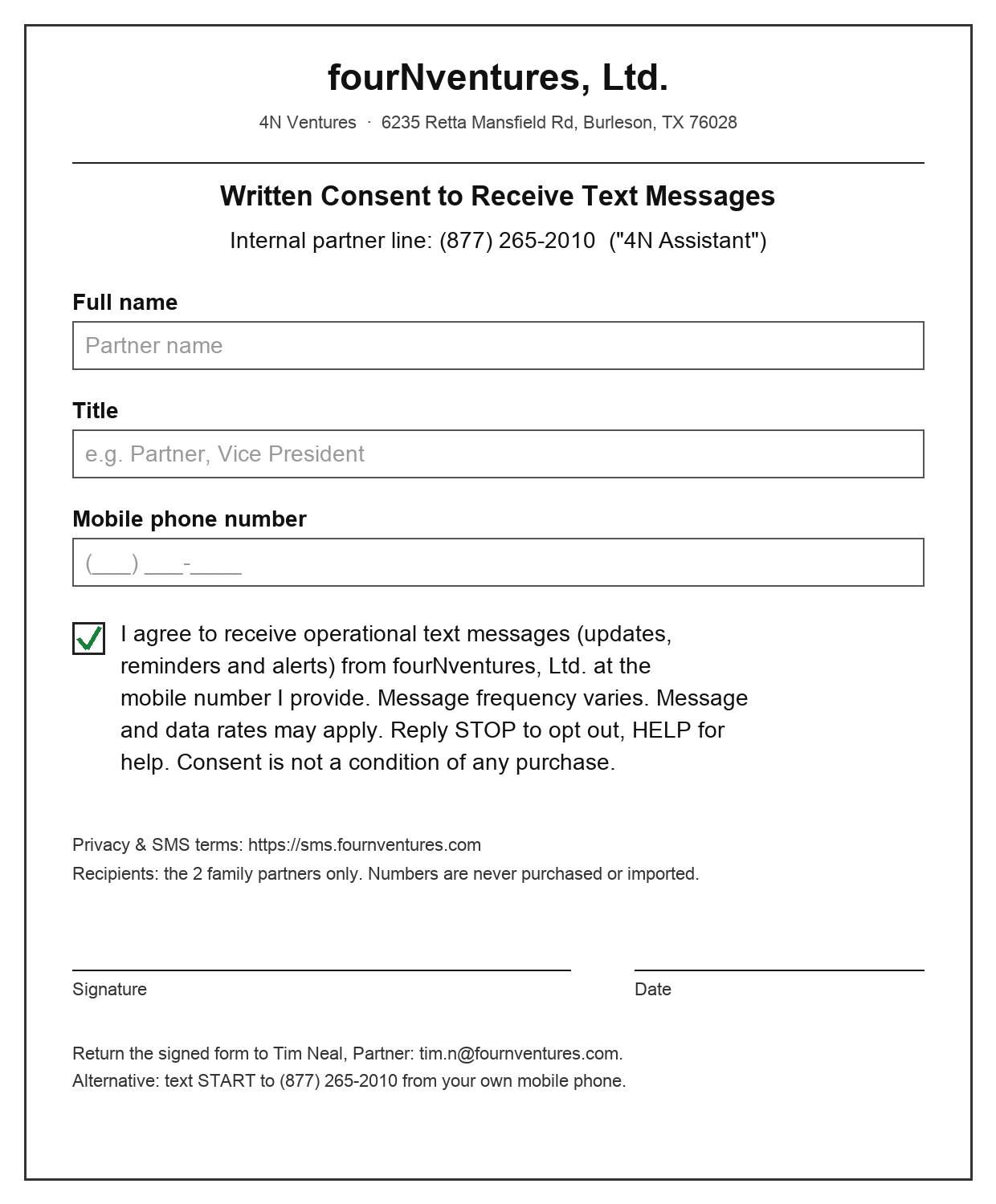 fourNventures, Ltd. written SMS consent form: name, title, mobile number, checked consent statement, signature and date